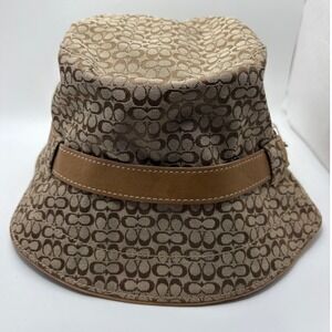 Coach Signature Monogram Bucket Hat Tan Leather Trim Buckle Size P/S Brown